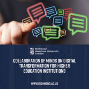 A person is pointing towards colorful dialogue bubbles with text about digital collaboration in education, presented by RichmondAmerican University London.