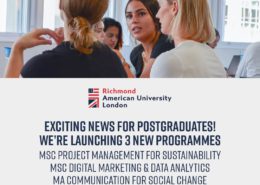 The image shows a group of people in a discussion, overlaid with text announcing new postgraduate programs at RichmondAmerican University London.